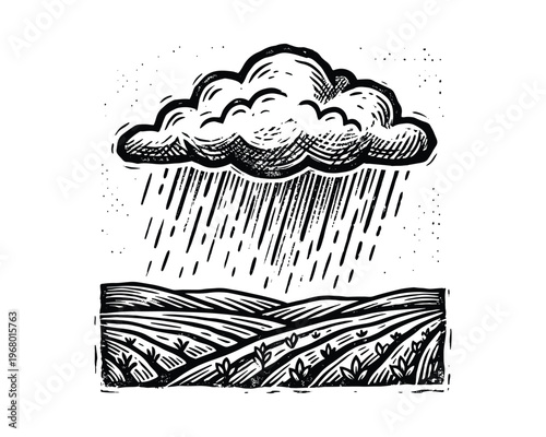 Stormy weather, rain falling on cultivated fields, atmospheric drawing, linocut.