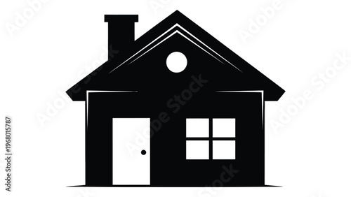 A simple black silhouette of a classic gable roofed house with a door and window sharply defined silhouette high quality professional