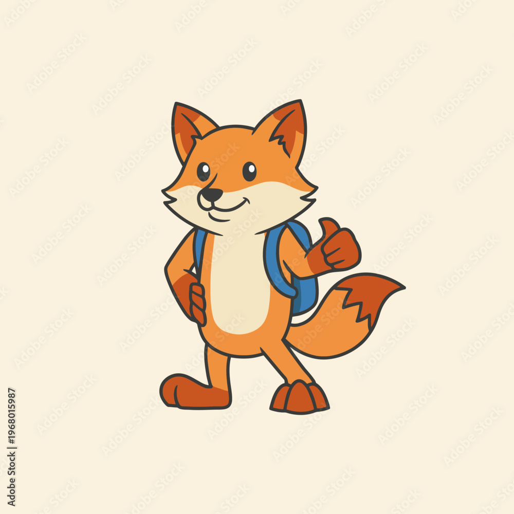 Fototapeta premium This charming fox character with a backpack gives a thumbs-up, embodying positivity and adventure, perfect for kids' materials or educational themes.