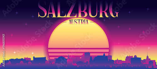 Purple generic retro futuristic synthwave panoramic poster of the city skyline with misty background sunset buildings of SALZBURG, AUSTRIA
