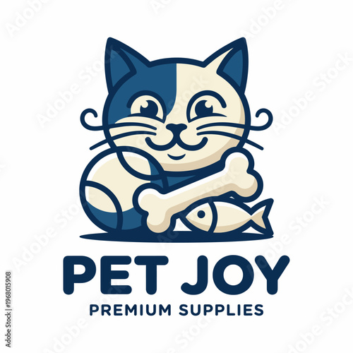 An adorable logo illustration of a happy cat hugging a bone and fish, representing a cheerful brand focused on providing premium supplies for pets.