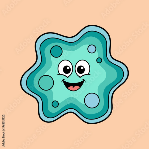 A cheerful cartoon microbe character featuring a big smile, vibrant colors, and playful bubbles, perfect for educational content about microbiology or children's themes.
