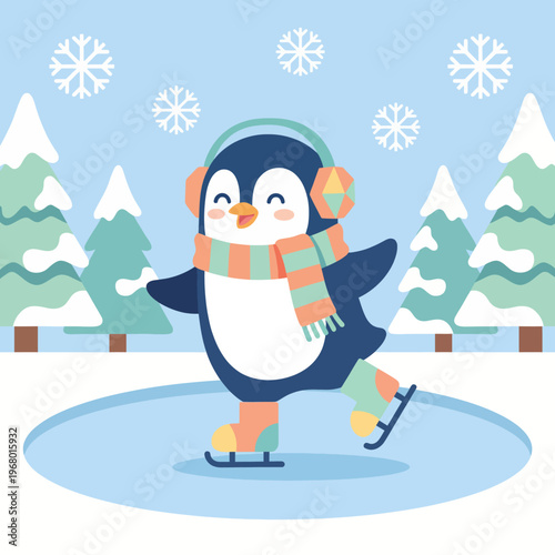 A delightful illustration of a penguin ice skating happily in a festive winter setting, surrounded by snowflakes and evergreen trees, creating a charming winter scene.