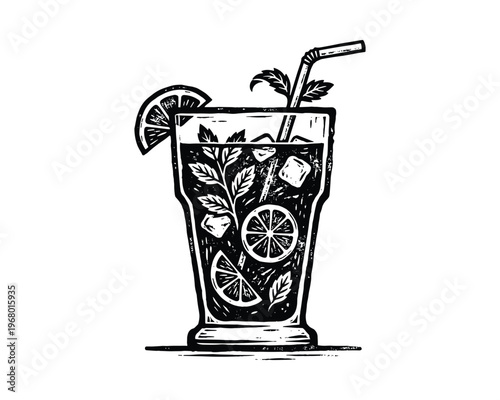 Summer refreshing lemonade in a glass with a straw isolated on transparent background. Vector illustration.