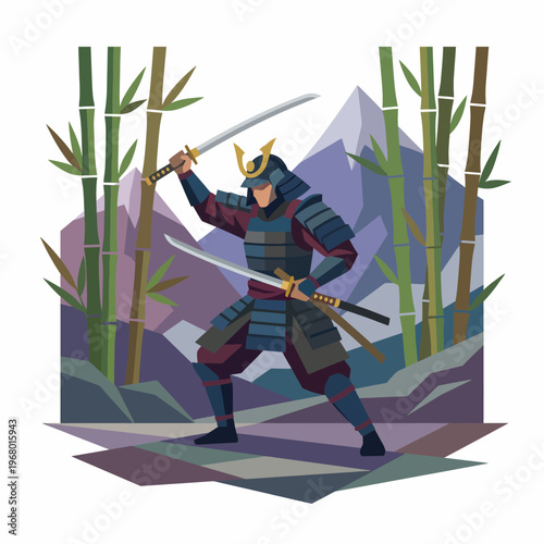 A fierce samurai warrior brandishing swords amidst a serene bamboo backdrop, embodying the spirit of strength and discipline in a beautifully illustrated art style.
