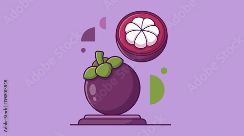 A beautifully stylized mangosteen fruit shown on a purple backdrop, featuring a top view split to reveal the unique inner segments of this exotic fruit in artistic detail.