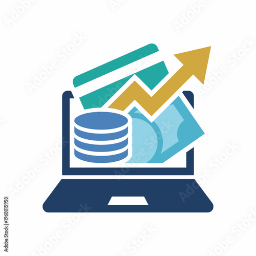 A modern illustration depicting financial growth through a laptop, showcasing upward trends with graphs, coins, and credit cards, symbolizing digital finance and progress.
