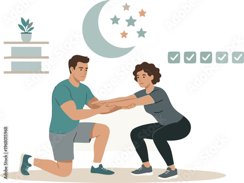 Man assisting woman in workout at night