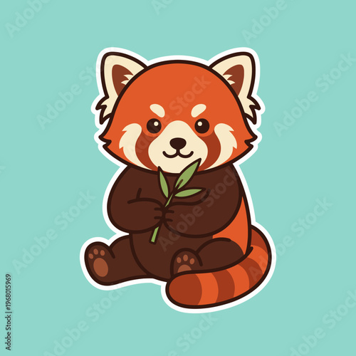 This playful illustration depicts an adorable red panda hugging a piece of bamboo, showcasing its charming features and playful demeanor that evokes joy and cuteness.