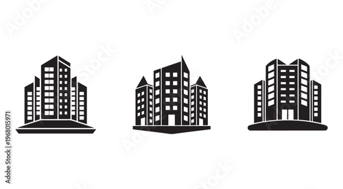 Set of three different city building silhouettes with windows and doors on flat grounds  urban landscape architecture icons