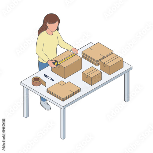 Woman measures boxes on table with tape measure standing indoors