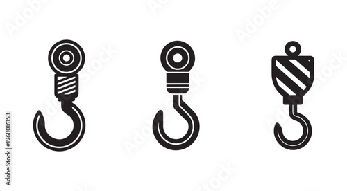 Set of three different industrial metal hooks for lifting heavy objects with safety latch and wire rope clip isolated on white background