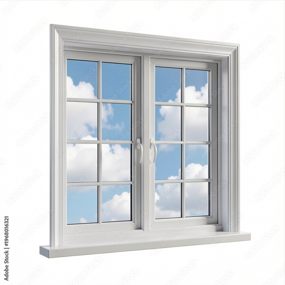 Obraz premium White Casement Window with Grid Design and Blue Sky View