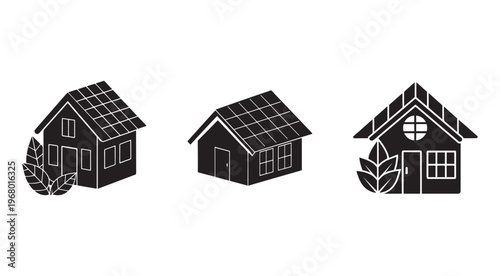 Set of three houses with solar panels on roof and plants  eco friendly homes with renewable energy sources  sustainable living concept