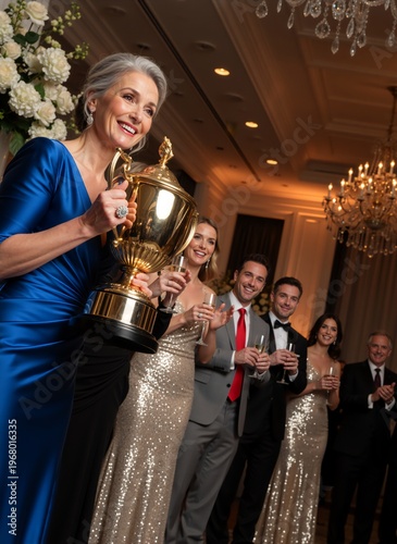 Smiling mature woman in a blue dress holding a gold trophy at a formal gala. Group of elegant people clapping and celebrating with champagne. Award ceremony and success concept
