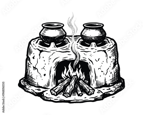 Traditional clay stove with fire and cooking pots. Outdoor kitchen, ancient style sketch doodle.