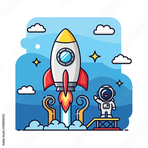 Astronaut standing next to rocket ship.