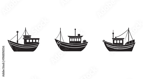 Set of three silhouette fishing boats with white details on white background  no people  sea transportation