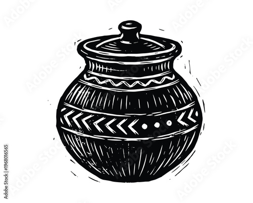 Traditional cooking pot sketch in doodle style. clay pot with lid, kitchen utensil design.