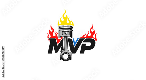 A stylized logo featuring a piston with flames.