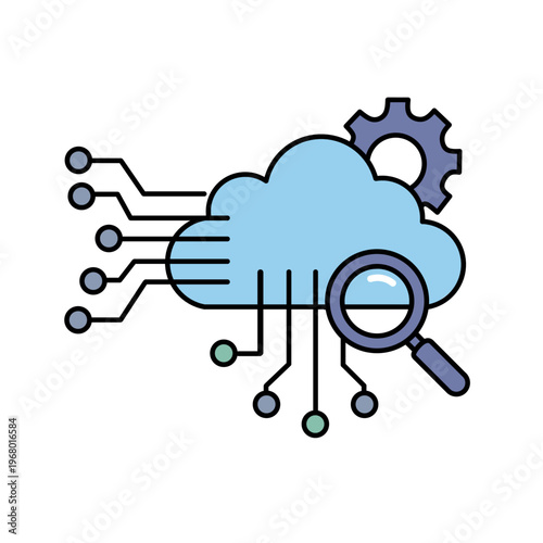 Cloud Computing and Big Data Analysis Concept - Vector Illustration of Cloud with Circuit Lines, Gear, and Magnifying Glass for Tech Research