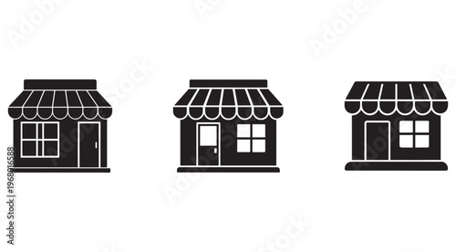 Set of three storefronts with awnings and windows  shop icons  store buildings