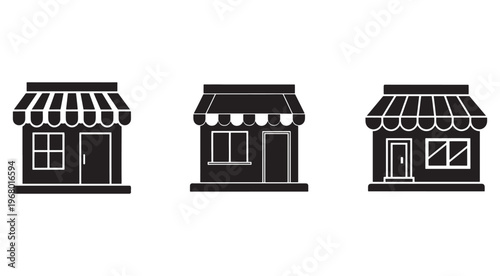 Set of three storefront building icons with awnings and windows  shop storefronts with doors and windows  building facades