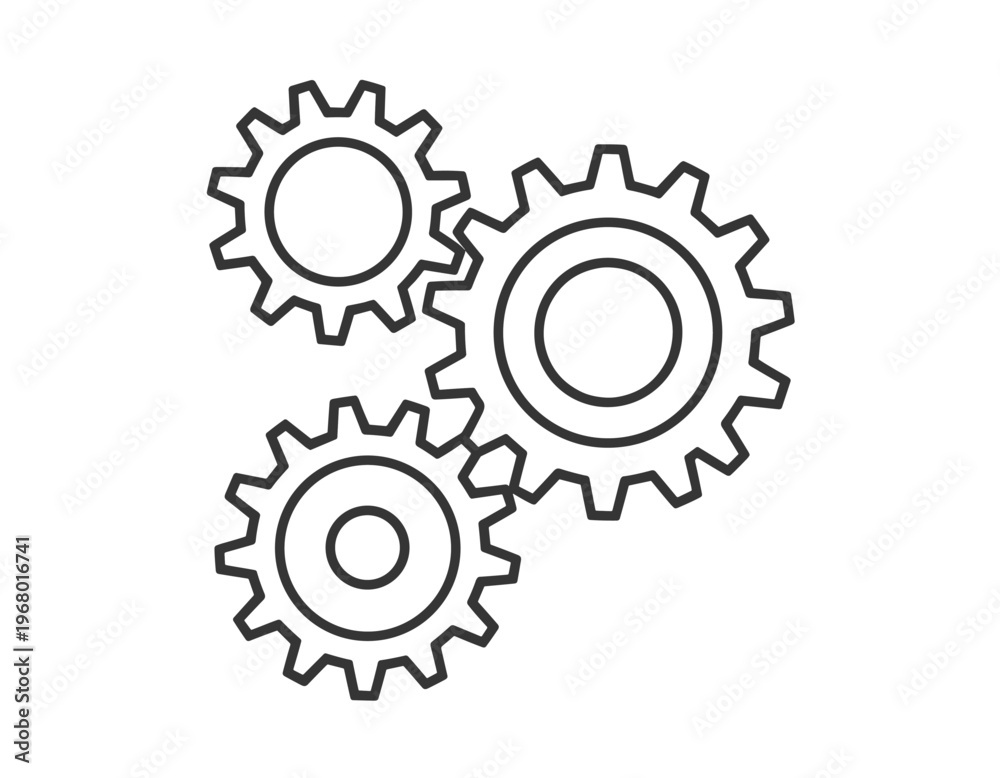 Fototapeta premium Three Interlocking Gears in Black Outline on White Background