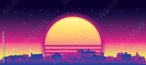 Purple generic retro futuristic synthwave panoramic poster of the city skyline with misty background sunset buildings of BERLIN, GERMANY