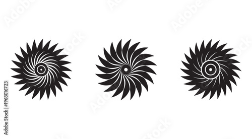 Setofthreeblackandwhitespiraliconswithpointypetalsindifferentrotations  simpleminimalistdesignelements