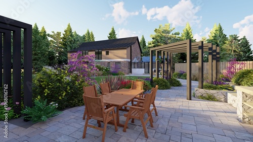 Fotografie 3D render of a modern luxury garden patio with wooden furniture, black metal pergolas, and stone paving featuring a beautiful landscape design with flowers and trees surrounding a contemporary house