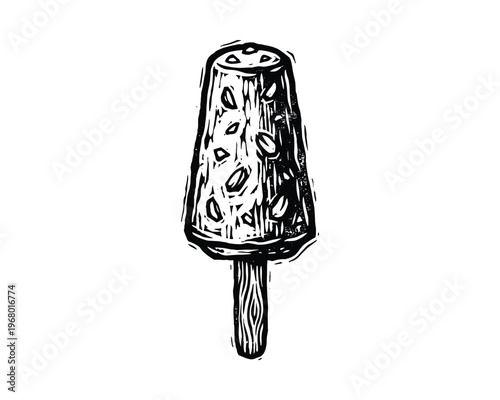 Traditional frozen dairy dessert, milk based popsicle icon, hand drawn kulfi sketch, cold sweet snack