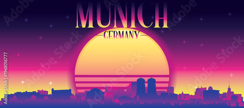 Purple generic retro futuristic synthwave panoramic poster of the city skyline with misty background sunset buildings of MUNICH, GERMANY