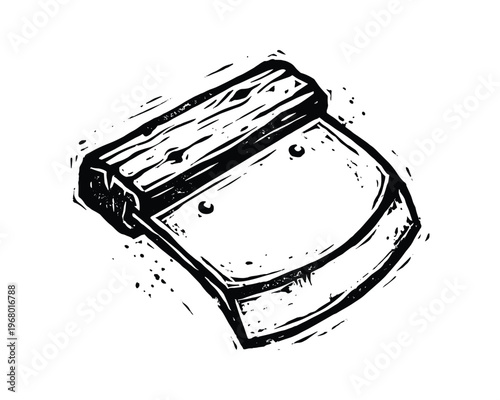 Traditional ulu knife with a curved blade and wooden handle, linocut print style, kitchen tool