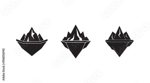 Setofthreeicebergsilhouettesindifferentshapesandsizeswithwaterline  isolated on white background