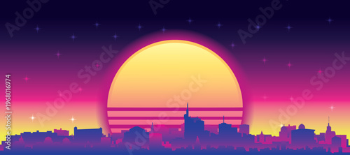 Purple generic retro futuristic synthwave panoramic poster of the city skyline with misty background sunset buildings of FRANKFURT, GERMANY