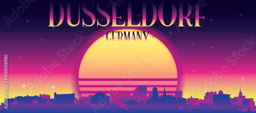 Purple generic retro futuristic synthwave panoramic poster of the city skyline with misty background sunset buildings of DUSSELDORF, GERMANY