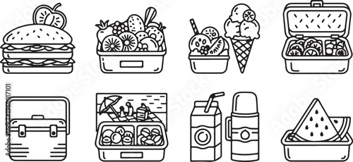 Various containers and storage items illustrated with simple line drawings Vector