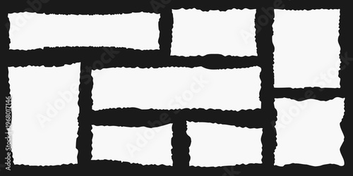 Collection of torn paper fragments against a solid black background