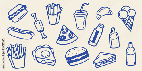 A collection of hand drawn fast food and sweet treat illustrations