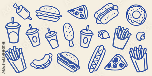 Collection of hand drawn fast food items and beverages in blue lines