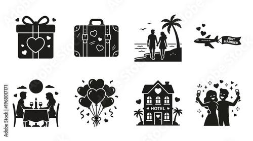 Honeymoon Vector Icons for Romantic Travel and Celebration Design