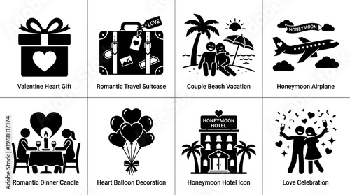 Honeymoon Vector Icons for Romantic Travel and Celebration Design
