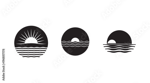 Sunrise over water ocean waves sun rays morning landscape graphic icons set  serene natural scenery