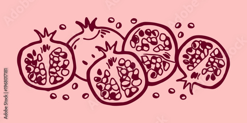 Hand drawn illustration of pomegranates with seeds on a pink background