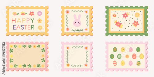 Festive easter stamps with floral designs and a cute bunny illustration