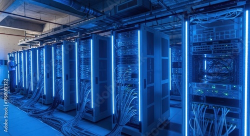A modern data center with rows of glowing blue server racks and intricate cabling, showcasing advanced computing infrastructure.