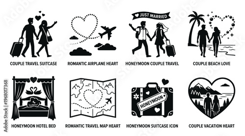 Romantic Travel Vector Icons for Honeymoon and Vacation Design
