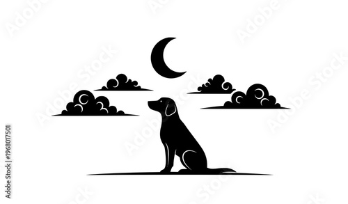 Dog sitting under crescent moon black silhouette vector illustration