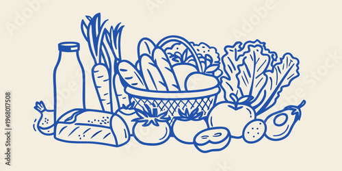 A blue line drawing of a still life arrangement of fresh produce